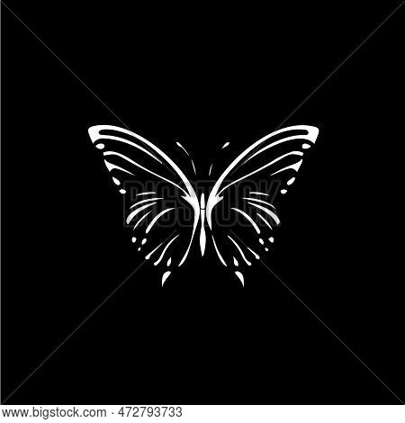 Butterfly Dotwork Tattoo With Dots Shading, Tippling Tattoo. Hand Drawing Fly Insect Emblem On Black