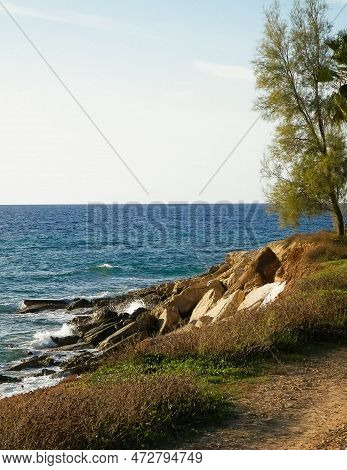 Coastal Area On Cyprus, Asia. Mediterranean Sea. Copy Space On Sky.