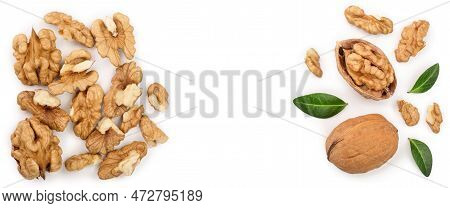 Peelled Walnuts Isolated On White Background With Copy Space For Your Text. Top View. Flat Lay