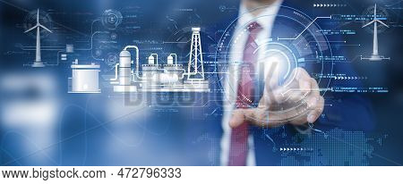 Businessman\'s Hand Touch Electric Power And Virtual Modern Reduce Co2 Emission With Icons, Global W