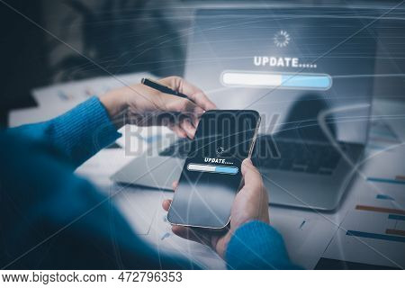 Handhold Smartphone With Update Software Computer Program Upgrade Business Technology Internet, Upda