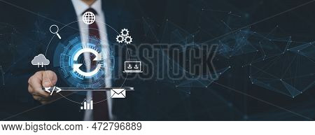 Businessman Hold Laptop With Update Software Computer Program Upgrade Business Technology Internet, 