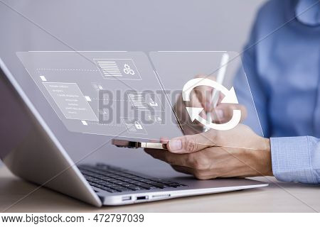 Man Holds A Smartphone With Update Software Computer Program Upgrade Business Technology Internet, U
