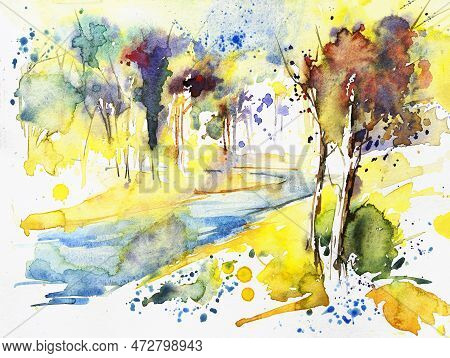Abstract Watercolor Painting Of Spring, Krishnachura Tree Red Flowers And Radhachura With Bright Yel