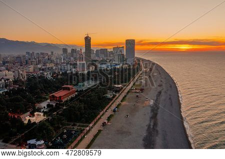 Drone Aerial Panoramic View Of Evening Sinset At Modern Part Of Batumi City, Georgia