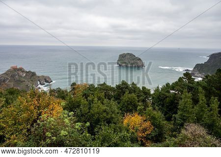Atlantic Ocean Coastline Near Famous Landmark And Film Location In North Of Spain, Ocean Islet With