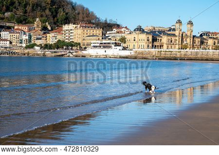 White Sandy La Concha Beach In Central Part Of Donostia Or San Sebastian City, Basque Country, Spain