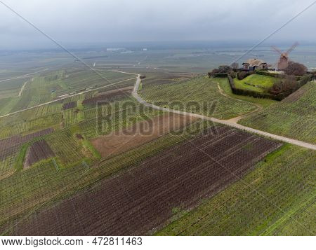 Winter View On Moulin De Verzenay And Gran Cru Vineyards Of Famous Champagne Houses In Montagne De R