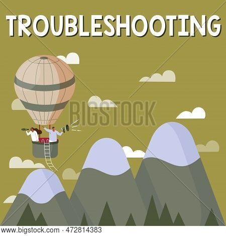 Conceptual Display Troubleshooting. Business Concept An Act Of Investigating Or Dealing With In The 