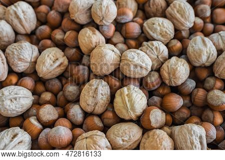 Assortment Of Nuts. Hazelnuts, Walnuts Mix For The Background. Food Mixed On Wooden Background, Top 