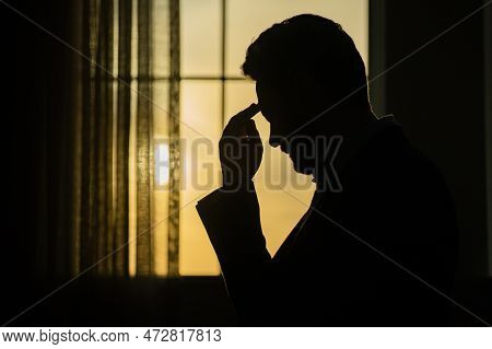 Man With Sinus Headache, Tension Or Cluster Headache, Close Up Portrait. Head Pain Concept. Cephalal