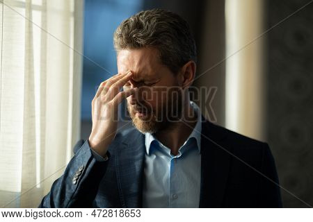 Headache, Tiredness And Stress. Close Up Portrait Of Man In Suit Got Headache Migraine. Headache Pai