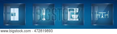 Set Refrigerator, Blender, Electric Mixer And Wooden Table With Chair. Square Glass Panels. Vector