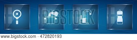 Set Frying Pan, Cooking Pot, Water Tap And Pepper. Square Glass Panels. Vector