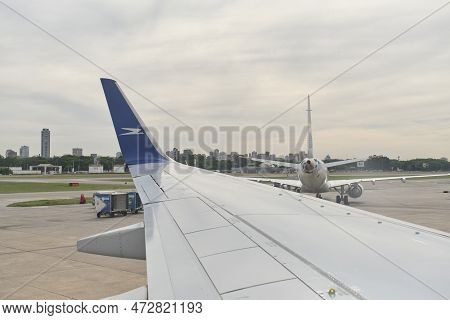 Buenos Aires, Argentina, November 18, 2022: Airfield And Airplane View From A Window Of A Boeing 737