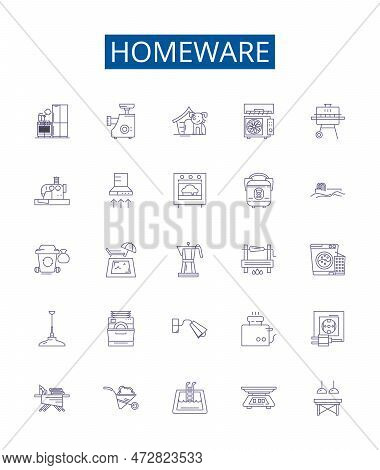 Homeware Line Icons Signs Set. Design Collection Of Furniture, Kitchenware, Tableware, Lighting, Bed