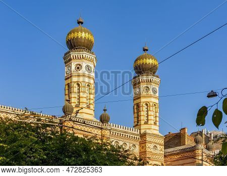 Towers Of Dohany Synagogue (largest In Europe) In Center Of Budapest, Hungary