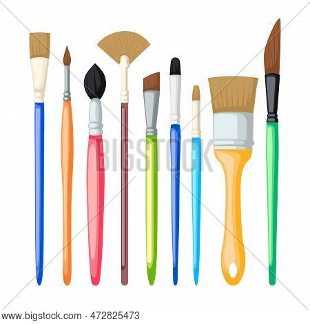 Artist Paint Brush Set Cartoon. Art Painter, Tool Equipment, Drawing Craft, Work Oil, Handle Artist 