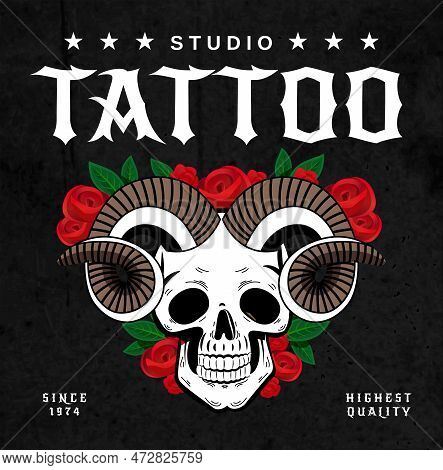 Horns Tattoo Salon Design Poster With Horned Skull And Roses Sketch On Black Background With Text Ve