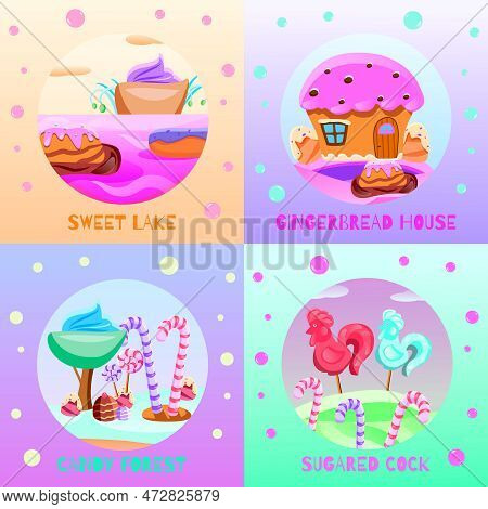 Fairy Tale Candy Land Flat Design Concept Sweet Lake Ginger Bread House Sugared Cock Isolated Vector