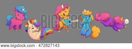 Vector Cute Rainbow Unicorn Illustration Design. Baby Pony Cartoon Fairy Animal Set. Isolated Magic 
