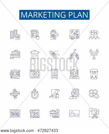 Marketing Plan Line Icons Signs Set. Design Collection Of Campaign, Strategy, Objectives, Target, An