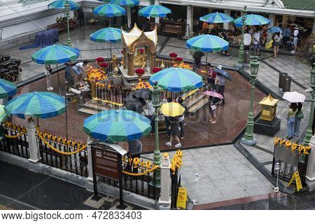 Bangkok, Thailand- 15 Feb, 2023: People Visit To Erawan Shrine To Pray For Luck And Fortune. Erawan 