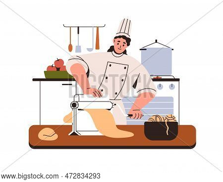 Chef Makes Italian Pasta With Roller Cutter Machine. Food Maker Cooking Fettuccine Own Production, R