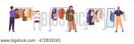Fashion Women Choosing Modern Clothes On Hanger Rails. Happy People Shopping. Outfit, Apparel, Trend