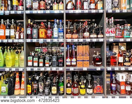 Latvia, Riga, March, 2023: Large Assortment Of Alcoholic Beverages High Quality Of Different Manufac