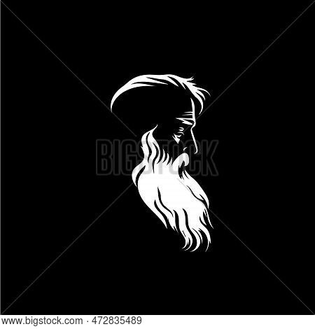 Bearded Old Man Bust Logo Template, Santa Claus Monument Emblem, Sage Stamp, Grandfather Tattoo Sket