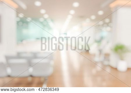 Abstract Blur Luxury Hospital Hall And Corridor. Blur Clinic Interior Background With Defocused Effe