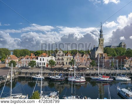 Aerial View With Marina And Historic Town Hall Of Veere. Veere Is A City In The Province Of Zeeland 