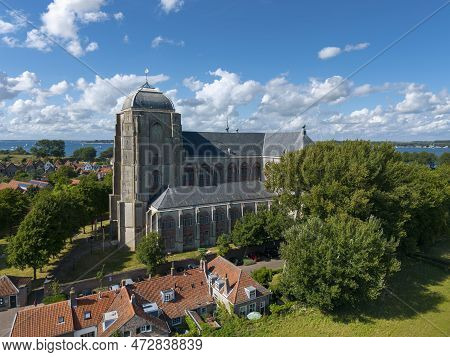Aerial View Of The Great Church In Veere. Veere Is A City In The Province Of Zeeland In The Netherla