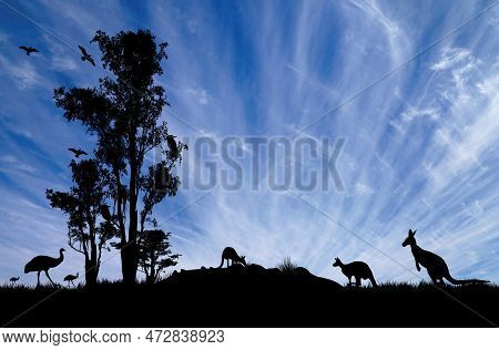 Silhouette Of Gum Tree With Kangaroos And Emus. Illustration With Blue Sky And Awesome Clouds Seen I