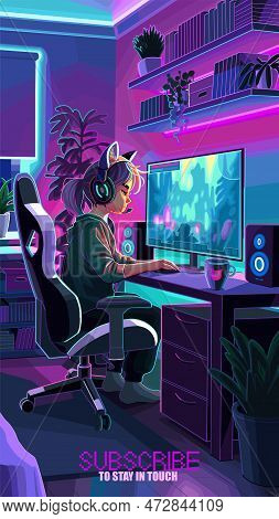Girl Asian Girl Gamer Or Streamer With A Headset Sits In Front Of A Computer In A Cozy Room
