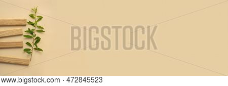 Blank For Your Design. Wooden Planks Lie In Green Branches Of Plant On Single Tone Beige Background.
