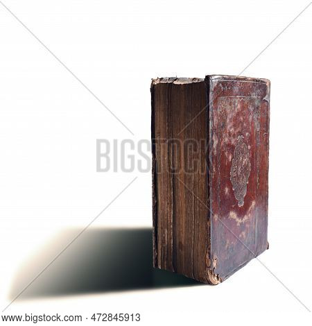 Leather Bound Book With Gold Embossing. Torah Book Standing On White Background With Shadow. Educati
