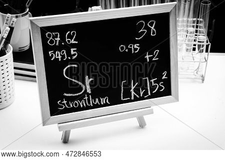 Strontium And Symbol Structural Formula Chemical On The Blackboard, Chemistry In The Classroom