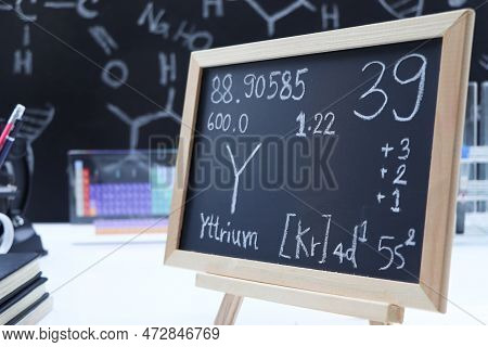 Yttrium And Symbol Structural Formula Chemical On The Blackboard, Chemistry In The Classroom