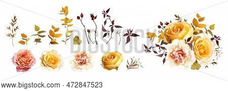Autumn Bouquet. Vector Fall Watercolor Yellow, Orange, Pink Rose Flower, Cream Dahlia, Carnation, Eu