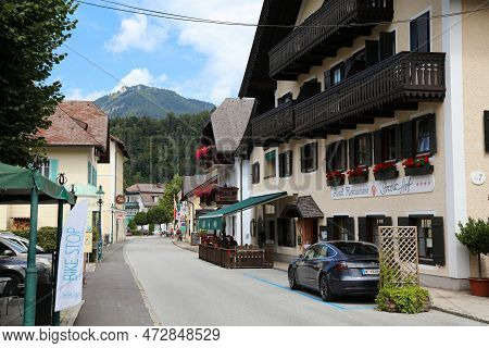 Strobl, Austria - August 2, 2022: People Visit Strobl, Small Resort Town On Lake Wolfgangsee In Salz