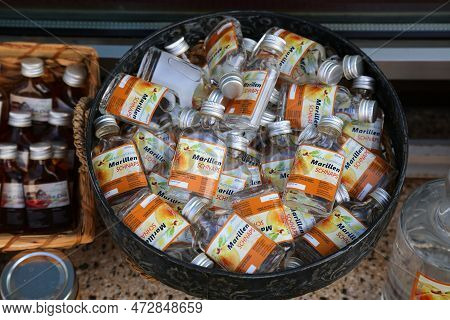 Melk, Austria - August 1, 2022: Marillenschnaps Apricot Fruit Brandy For Sale In Melk, Wachau Region