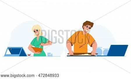 Coocking Online Vector. Food Home, Woman Kitchen, Happy Internet, Laptop Female, House Video Coockin