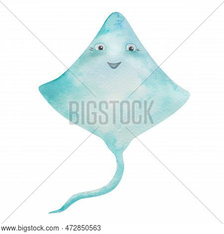 Watercolor Illustration Of Hand Painted Blue-green Ray Skate. Cartoon Character Sting Ray With Face 
