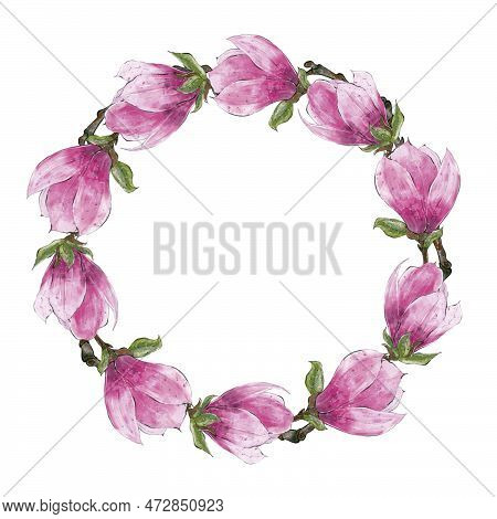Floral Wreath, Watercolor Magnolia Flower. Gesign Element For Wedding Invitation And Greeting Card