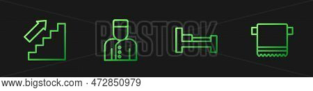 Set Line Hotel Room Bed, Stairs Up, Concierge And Towel Hanger. Gradient Color Icons. Vector