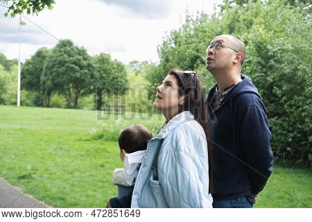 A Multicultural Family Looking Up At A Tree With A Curious Expression While Having A Walk In Figgate
