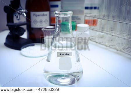 Piperidine In Glass, Chemical In The Laboratory And Industry, Dangerous Chemical Or Raw Materials Fo