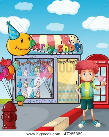 Ilustração de um menino segurando um pirulito fora da loja de festa